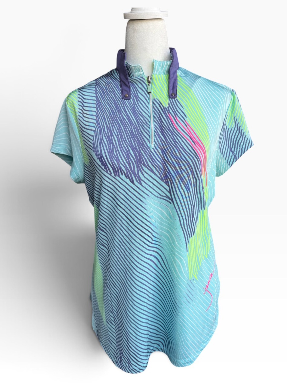 Jamie Sadock Aqua, Navy & Lime Short-Sleeve Zip Golf Top Sz S